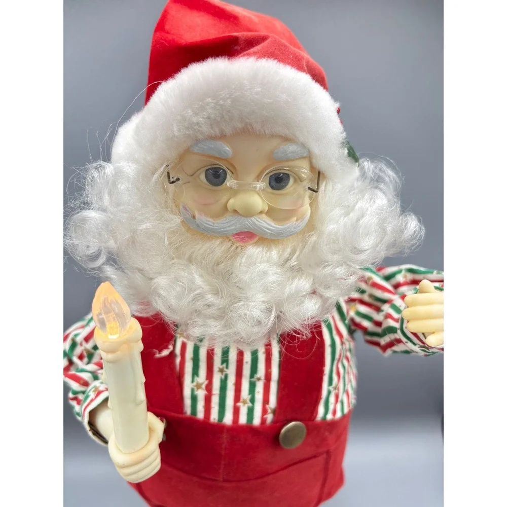 Vintage Animated Santa Claus Figure Red Overalls Light Up Candle 16 Inch